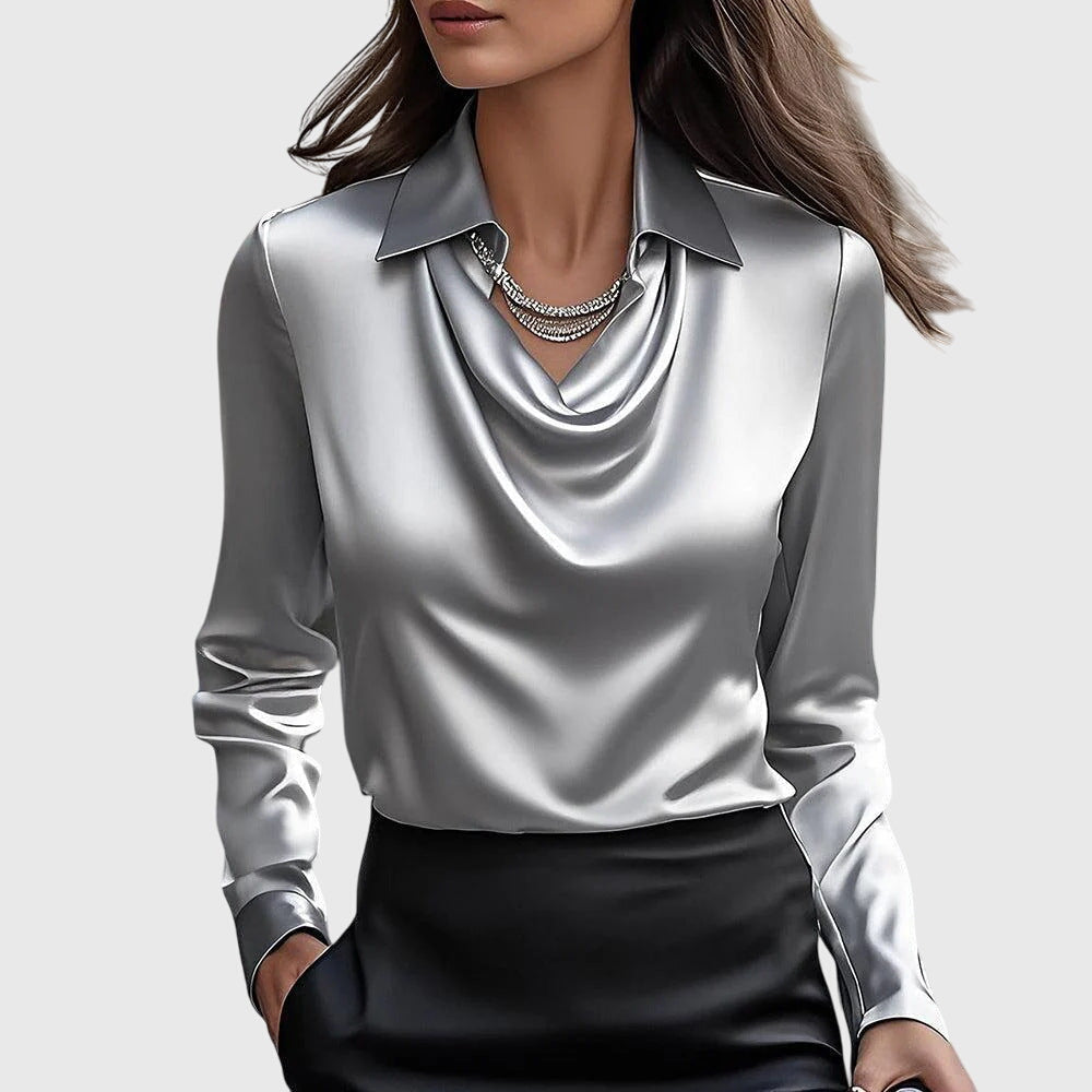 Blusa Satinata Da Donna Con Scollo Drappeggiato E Maniche Lunghe, immagine 2