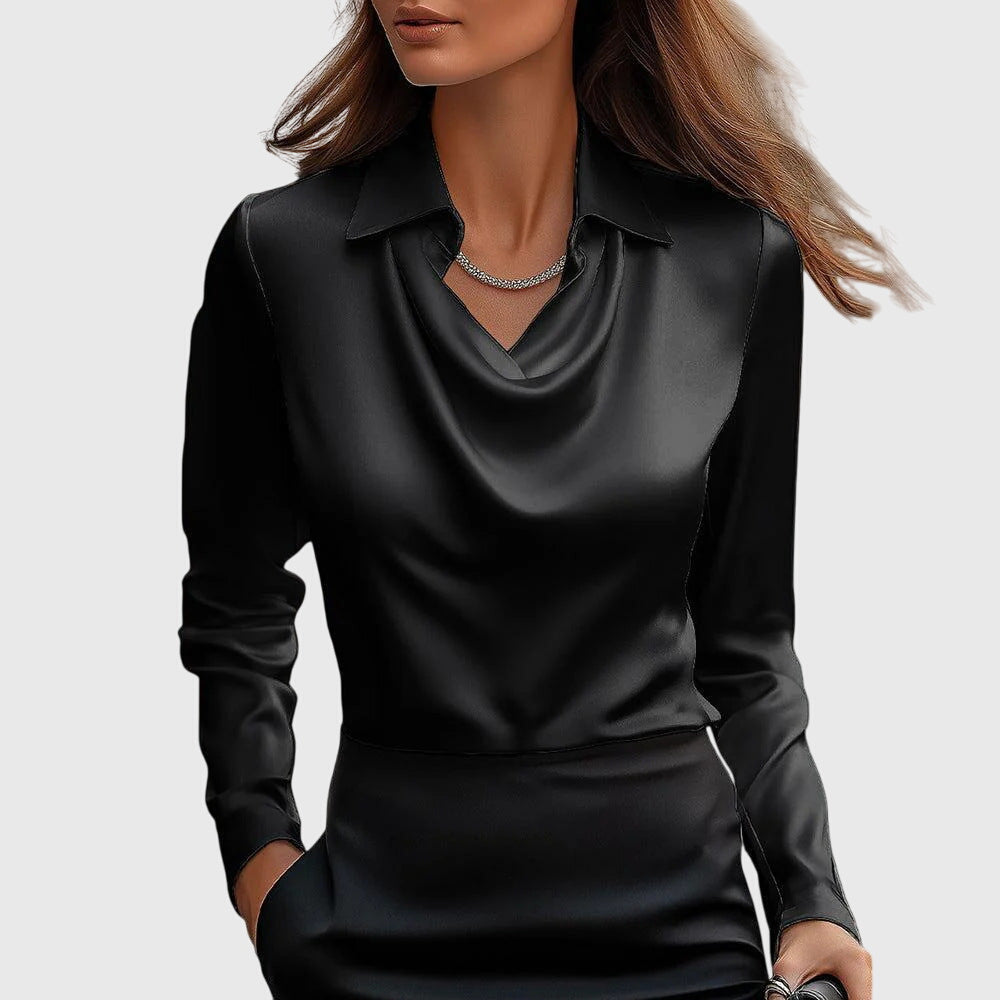 Blusa Satinata Da Donna Con Scollo Drappeggiato E Maniche Lunghe, immagine 3