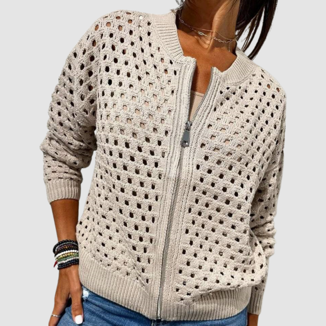 Cardigan Traforato Da Donna Con Zip Frontale E Girocollo, immagine 1