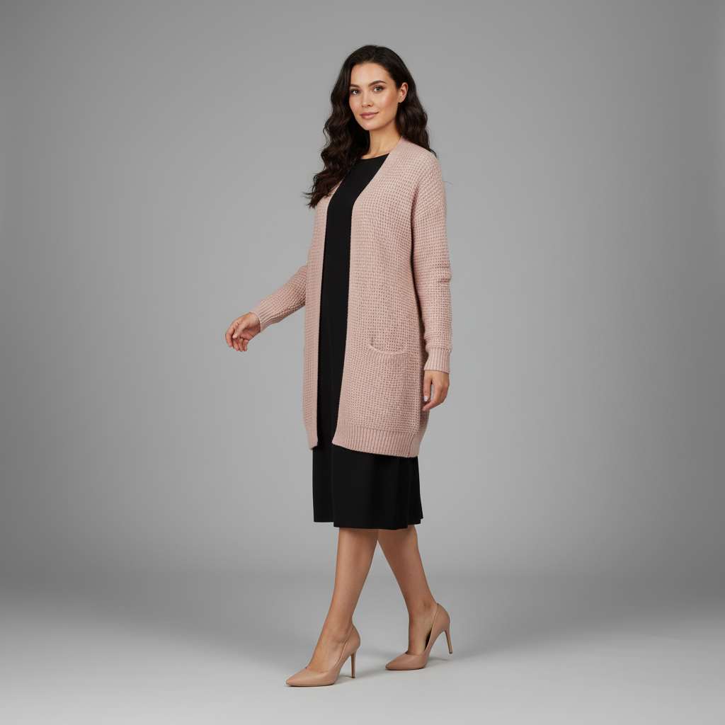 Cardigan Lungo Da Donna Aperto Con Tasche Frontali, immagine 1