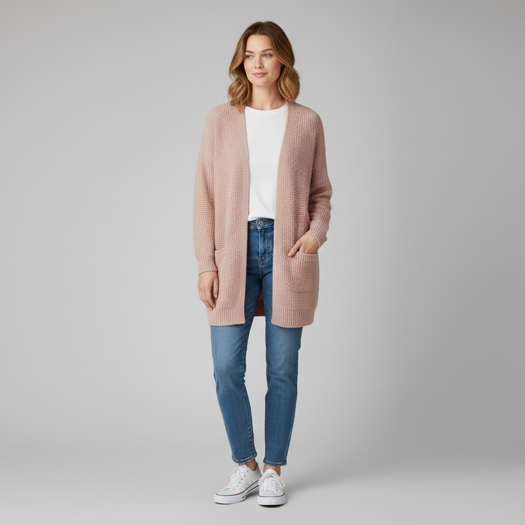 Cardigan Lungo Da Donna Aperto Con Tasche Frontali, immagine 3