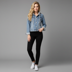 Giacca In Denim Da Donna Con Cappuccio Rimovibile E Bottoni, immagine 1