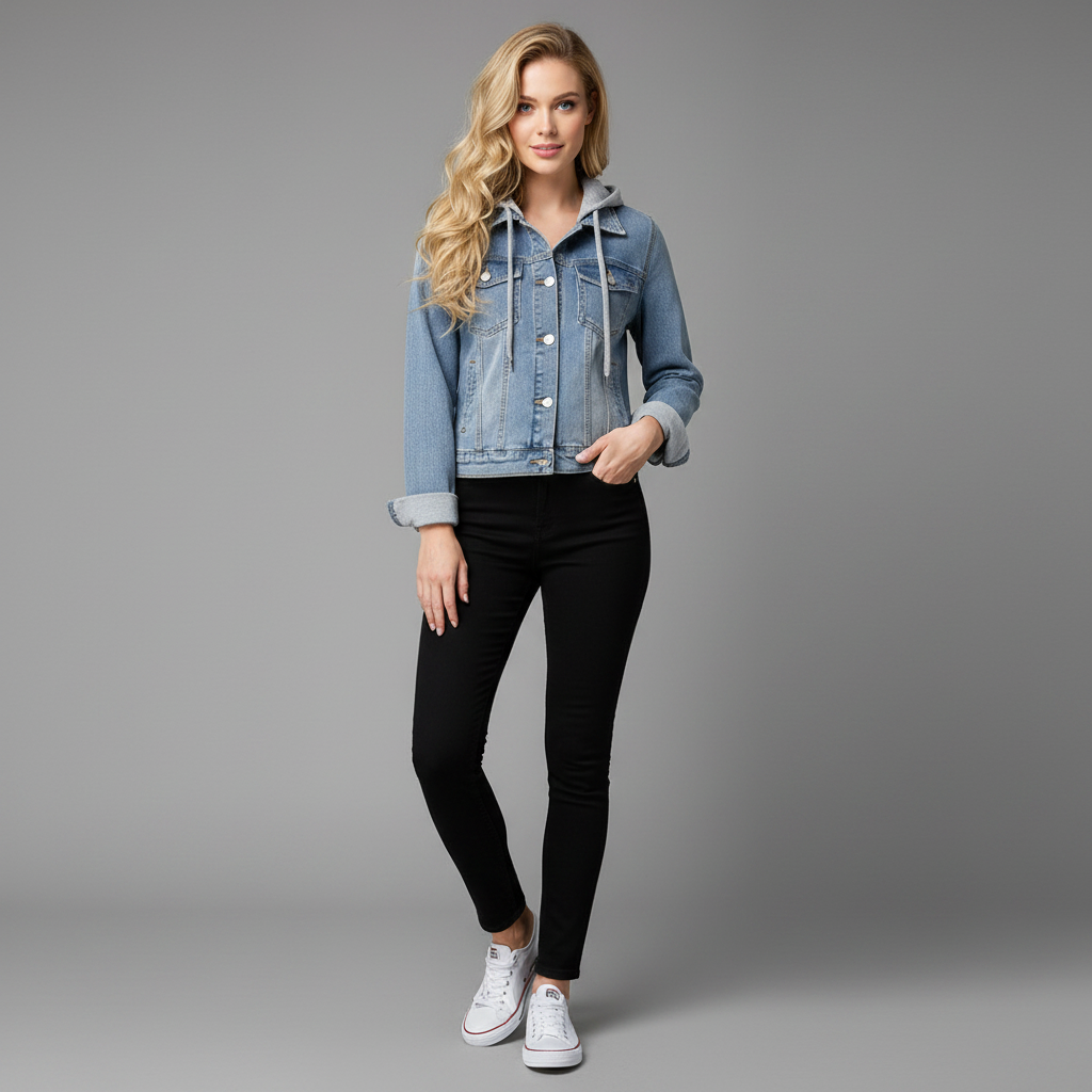 Giacca In Denim Da Donna Con Cappuccio Rimovibile E Bottoni, immagine 1