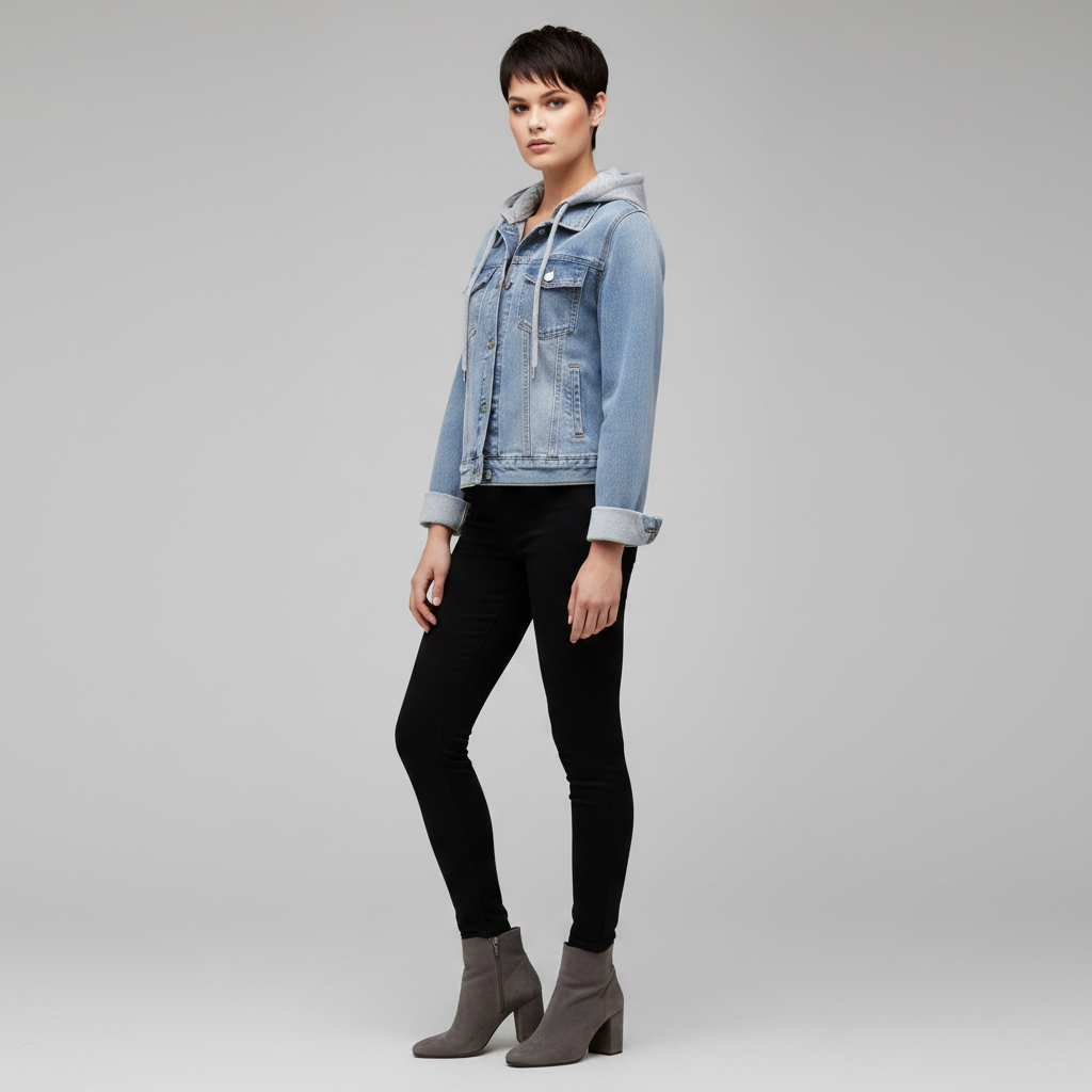 Giacca In Denim Da Donna Con Cappuccio Rimovibile E Bottoni, immagine 2