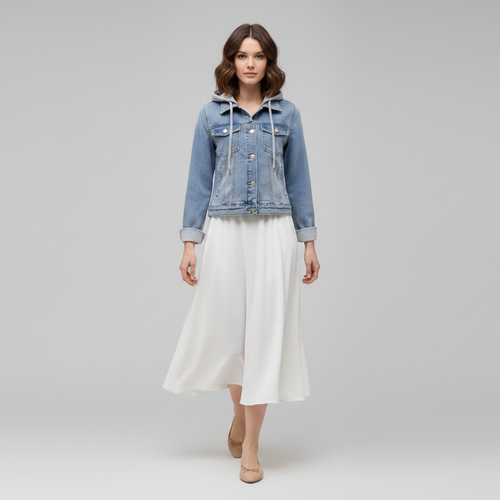 Giacca In Denim Da Donna Con Cappuccio Rimovibile E Bottoni, immagine 3