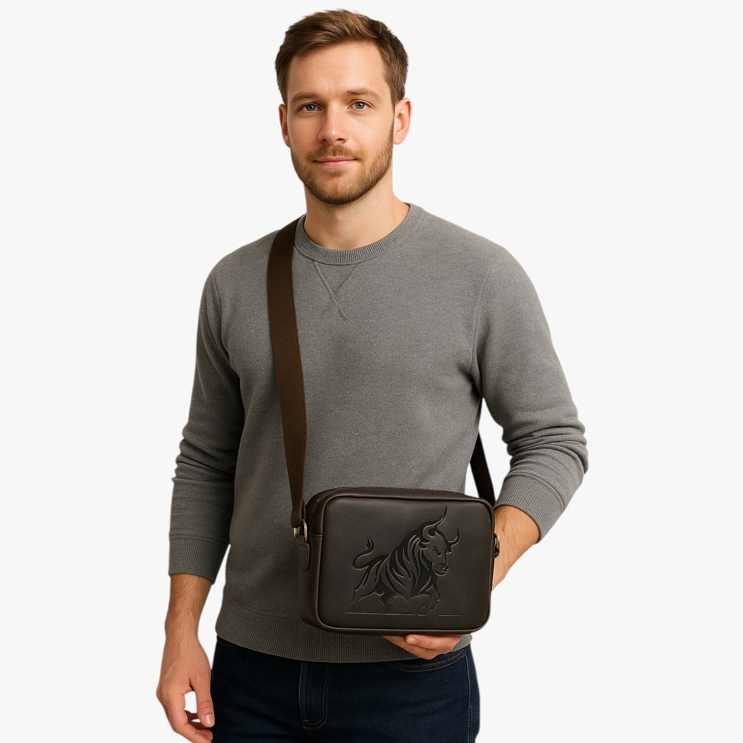 Borsa A Tracolla Marrone Con Motivo Leone Uomo — Monza, immagine 2