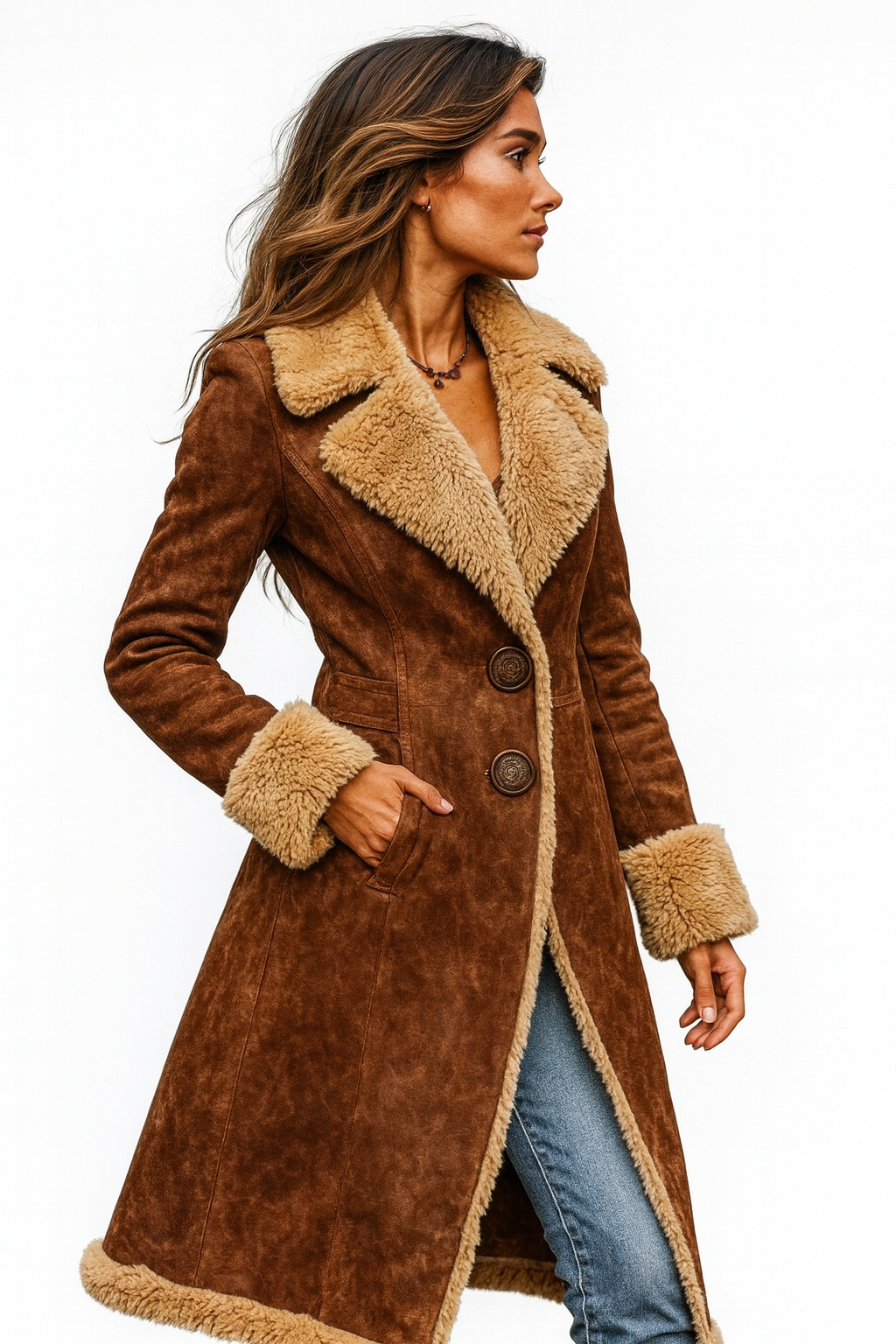 Cappotto Lungo Effetto Scamosciato Da Donna Con Fodera In Pelliccia Sintetica, immagine 3