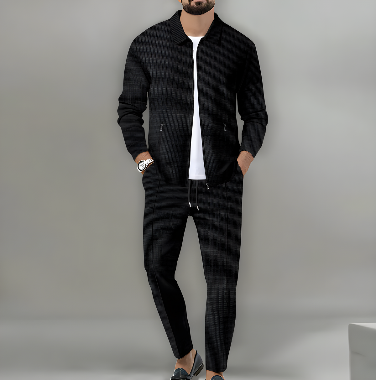 Completo Casual Da Uomo Con Giacca Zip E Pantaloni Coordinati, immagine 1