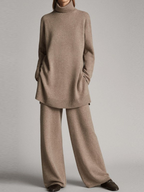Completo In Maglia Da Donna Con Collo Alto E Pantaloni Larghi, immagine 4