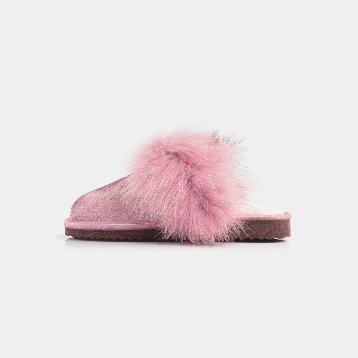 Pantofole Chiuse Rosa In Pelle Scamosciata Da Donna Con Pelliccia Di Volpe, immagine 3