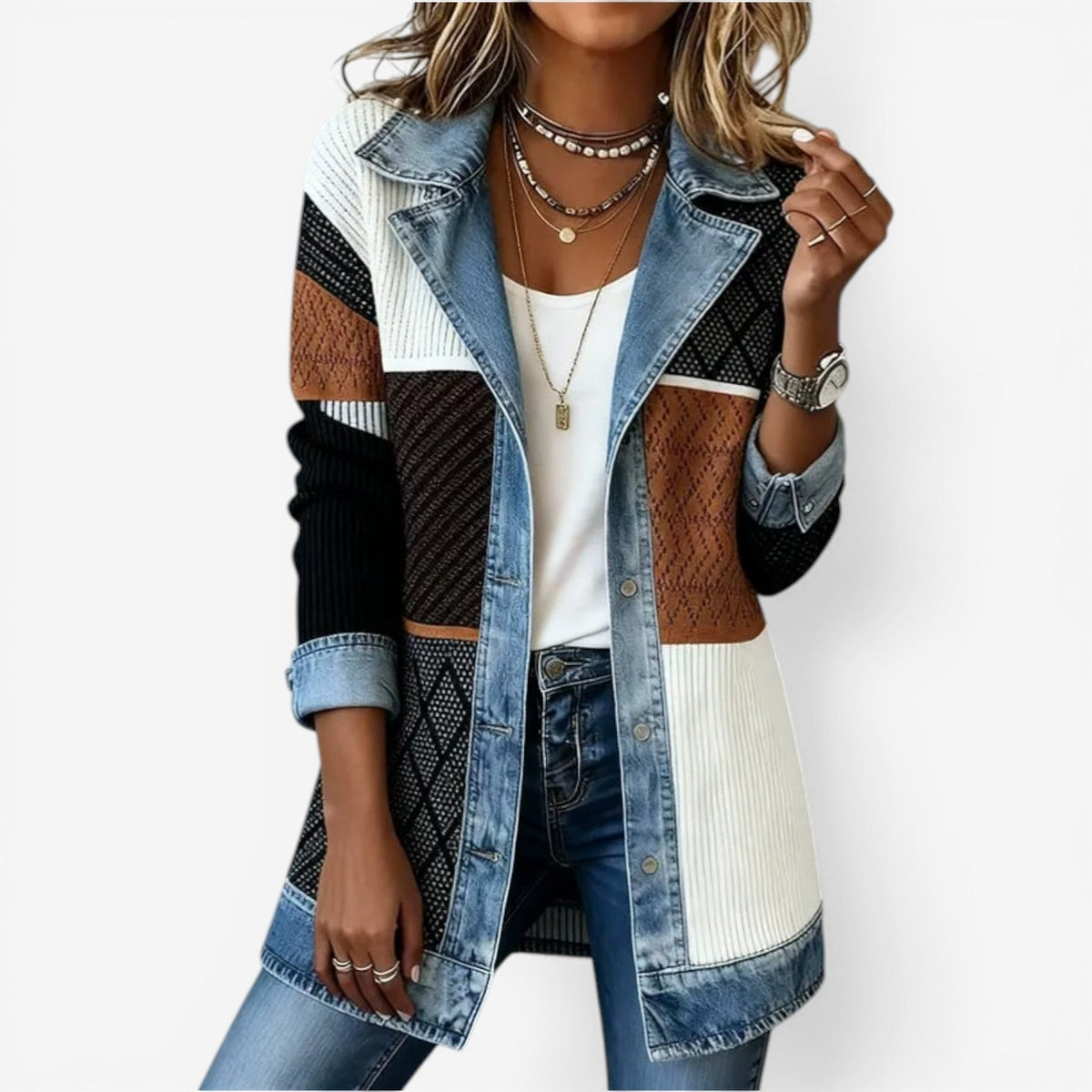 Blazer Lungo Da Donna Con Inserti In Denim E Bottone, immagine 3
