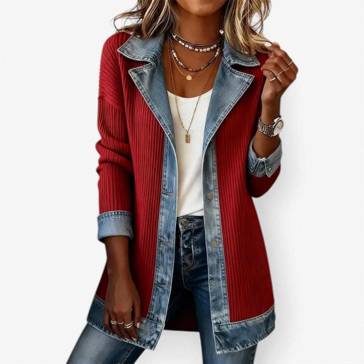 Blazer Lungo Da Donna Con Inserti In Denim E Bottone, immagine 4