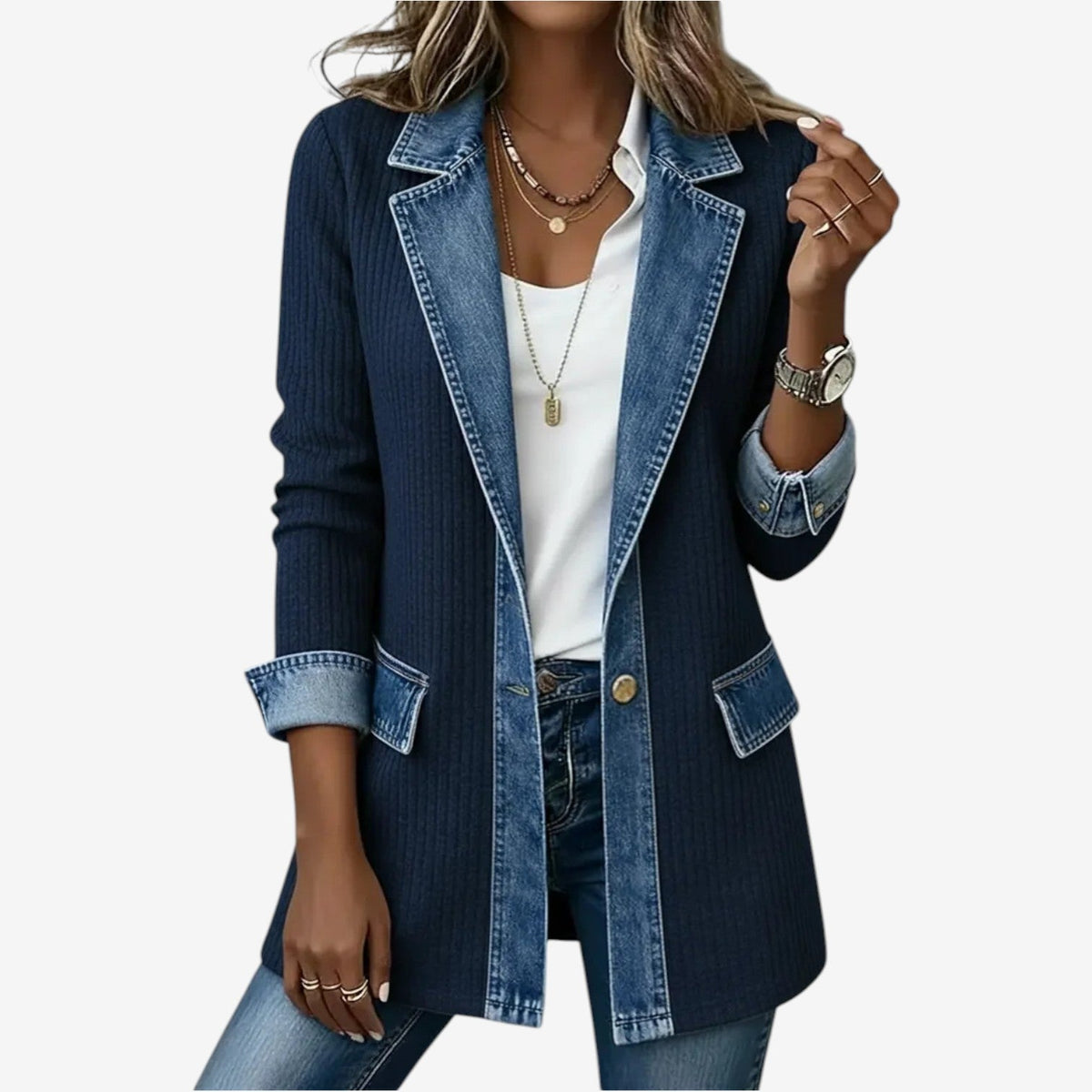 Blazer Lungo Da Donna Con Inserti In Denim E Bottone, immagine 6