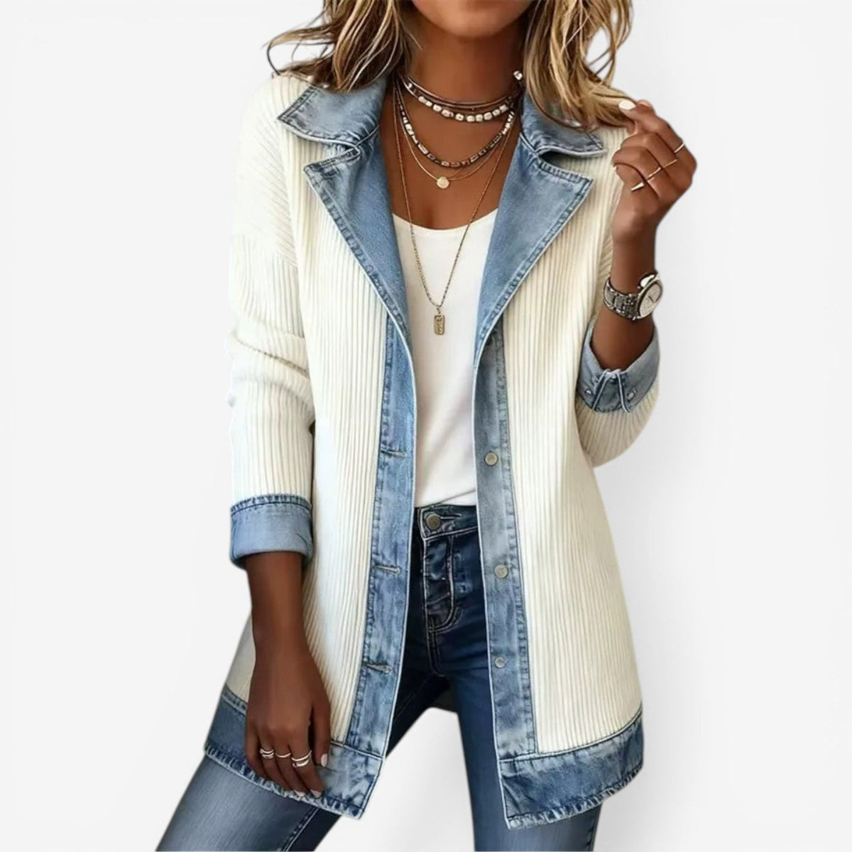 Blazer Lungo Da Donna Con Inserti In Denim E Bottone, immagine 1