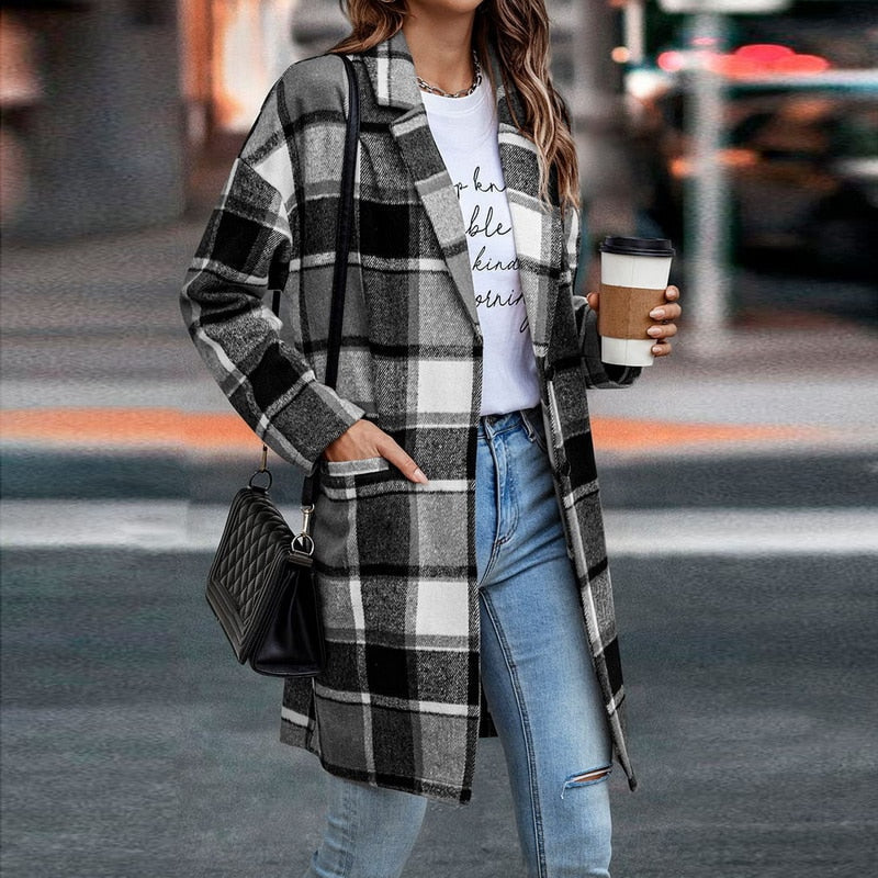 Cappotto A Quadri Da Donna Con Bottoni E Tasche, immagine 4