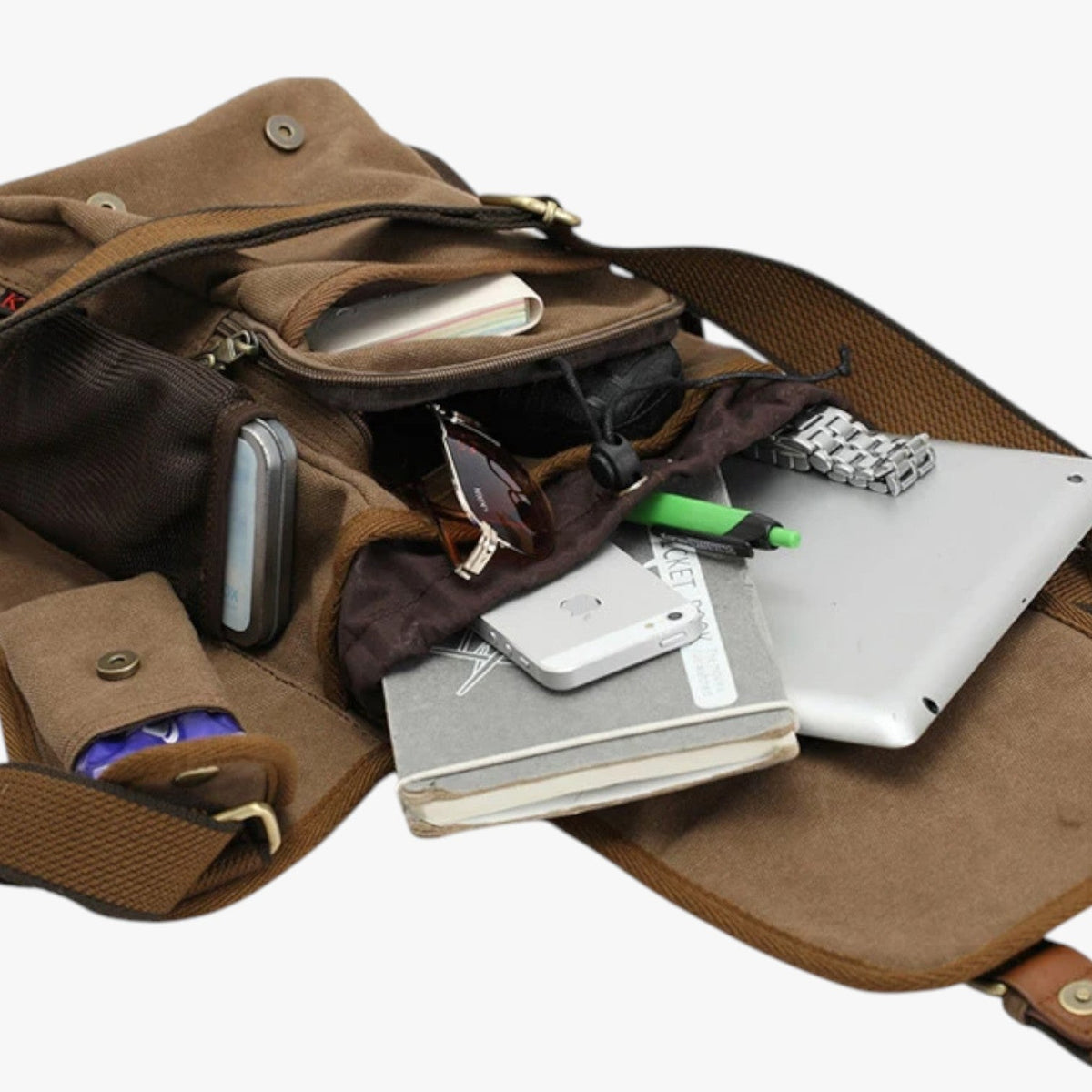 Borsa Messenger Marrone In Tela Multitasche Uomo — Siena, immagine 1