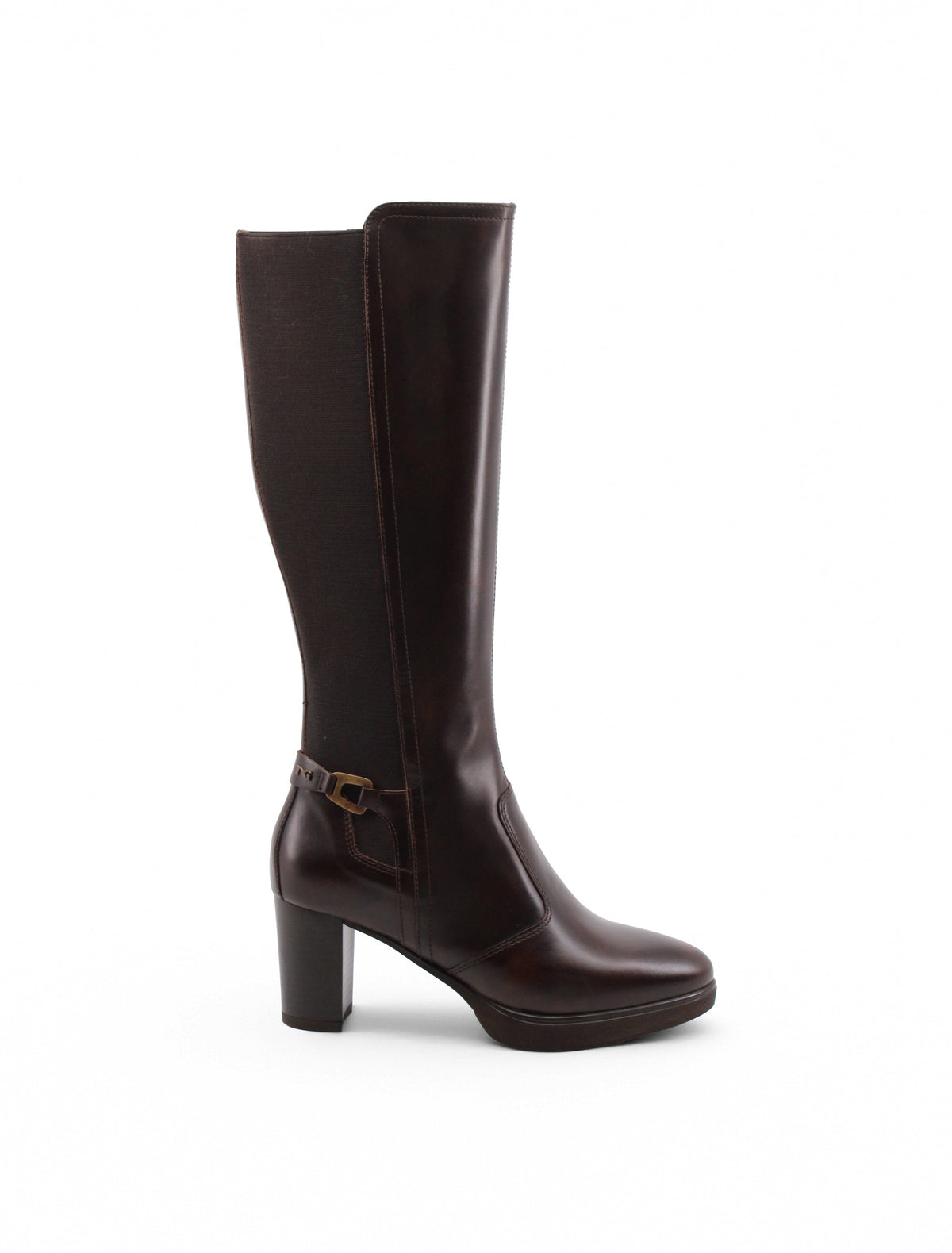 Stivali Marroni In Pelle Da Donna Con Tacco 7,5 Cm E Plateau 2 Cm, immagine 2