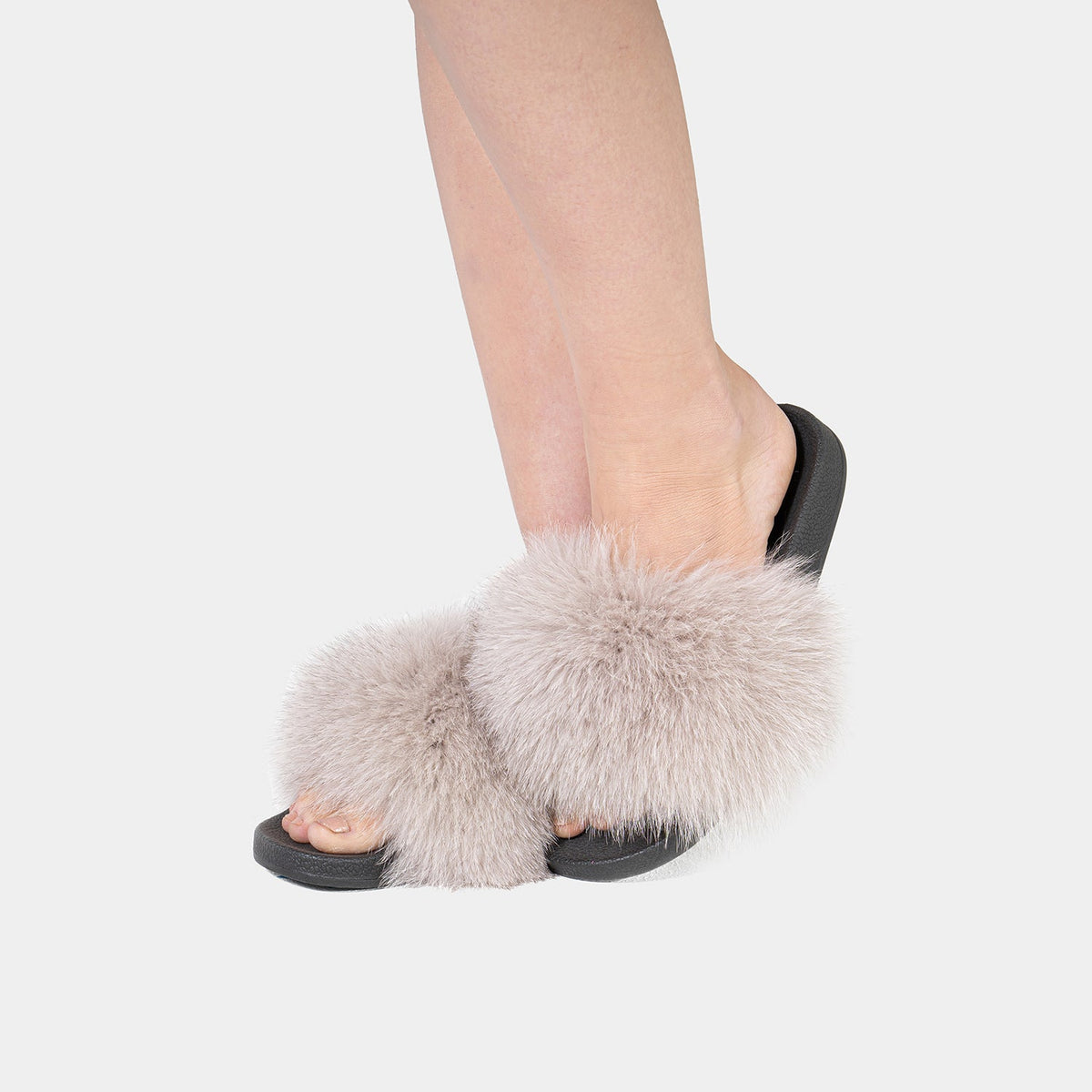 Pantofole Beige Da Donna Con Fascia In Pelliccia Di Volpe E Suola In Gomma, immagine 2