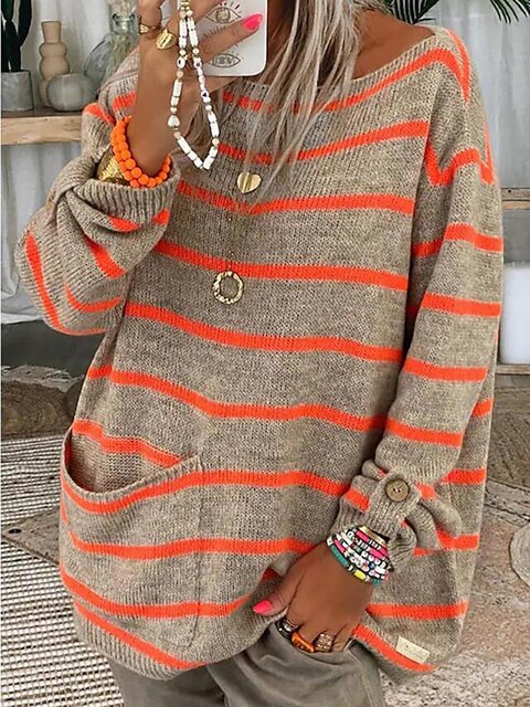 Maglione A Righe Da Donna Con Girocollo E Tasche, immagine 1