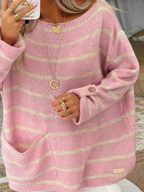 Maglione A Righe Da Donna Con Girocollo E Tasche, immagine 2