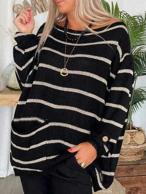 Maglione A Righe Da Donna Con Girocollo E Tasche, immagine 3