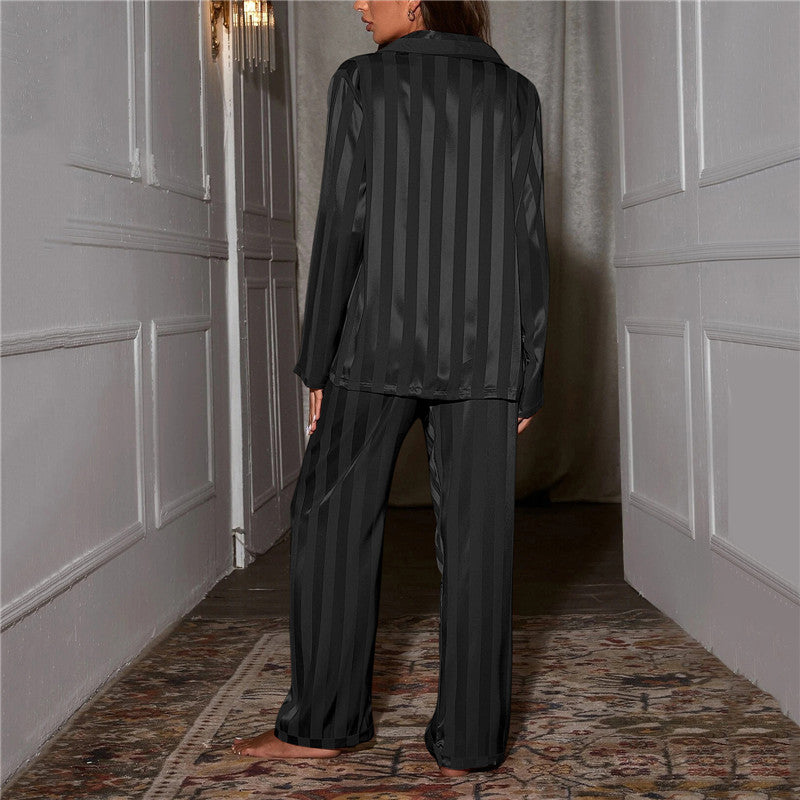 Pigiama Lungo Satinato Da Donna Con Camicia E Pantaloni A Righe, immagine 8