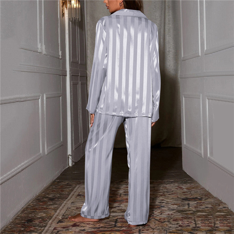 Pigiama Lungo Satinato Da Donna Con Camicia E Pantaloni A Righe, immagine 6