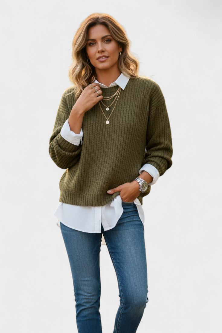 Maglione Girocollo Da Donna In Maglia A Coste, immagine 3
