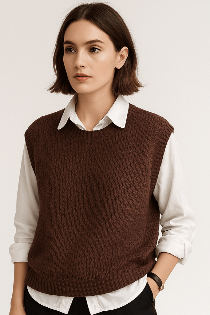 Gilet In Maglia Da Donna Girocollo Con Bordi A Coste, immagine 2
