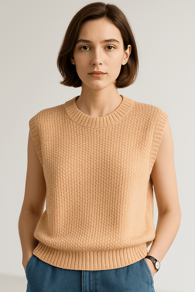 Gilet In Maglia Da Donna Girocollo Con Bordi A Coste, immagine 3