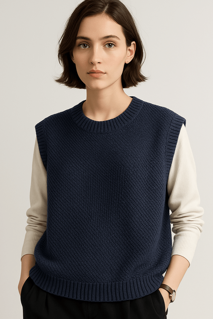 Gilet In Maglia Da Donna Girocollo Con Bordi A Coste, immagine 8
