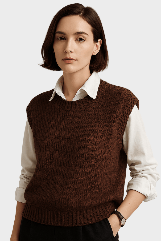 Gilet In Maglia Da Donna Girocollo Con Bordi A Coste, immagine 1