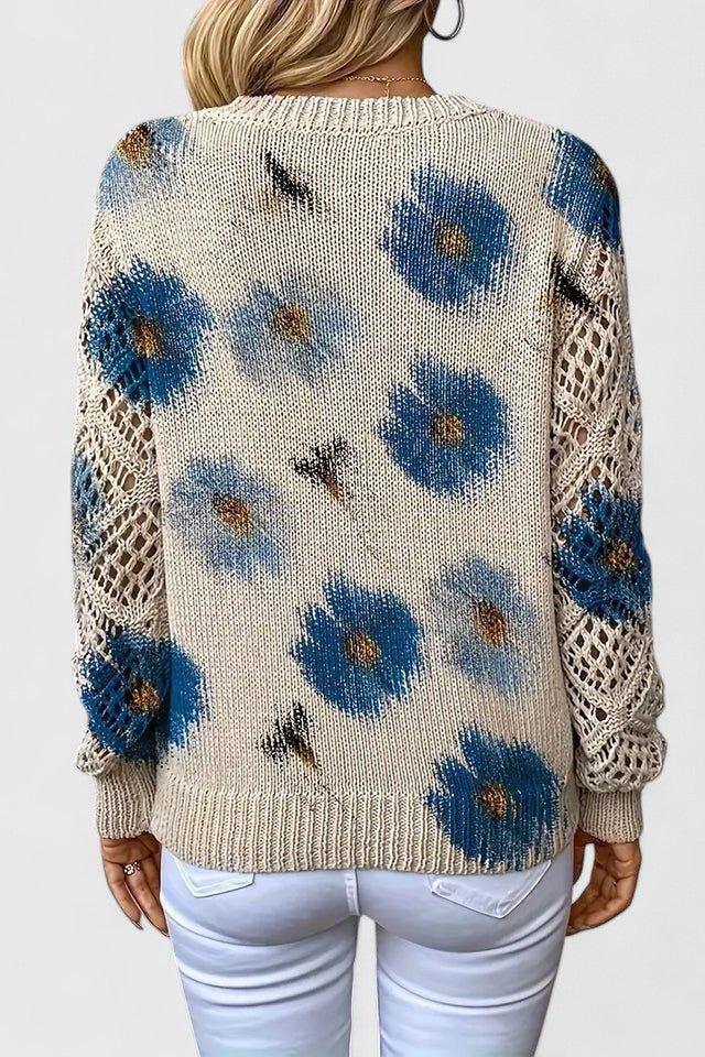 Maglione Floreale Da Donna Con Scollo A V E Maniche Traforate, immagine 2