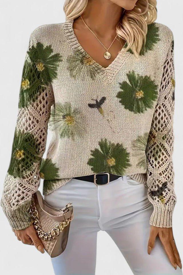 Maglione Floreale Da Donna Con Scollo A V E Maniche Traforate, immagine 3