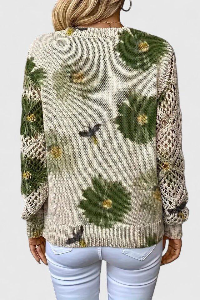 Maglione Floreale Da Donna Con Scollo A V E Maniche Traforate, immagine 4