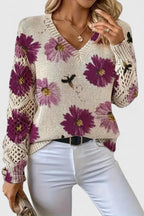 Maglione Floreale Da Donna Con Scollo A V E Maniche Traforate, immagine 5