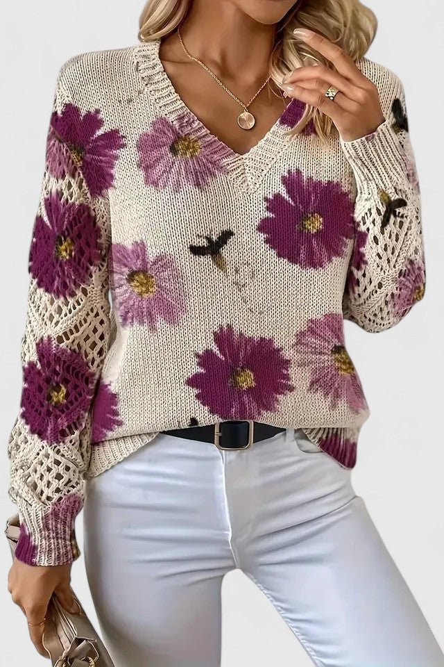 Maglione Floreale Da Donna Con Scollo A V E Maniche Traforate, immagine 5