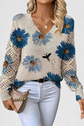 Maglione Floreale Da Donna Con Scollo A V E Maniche Traforate, immagine 1
