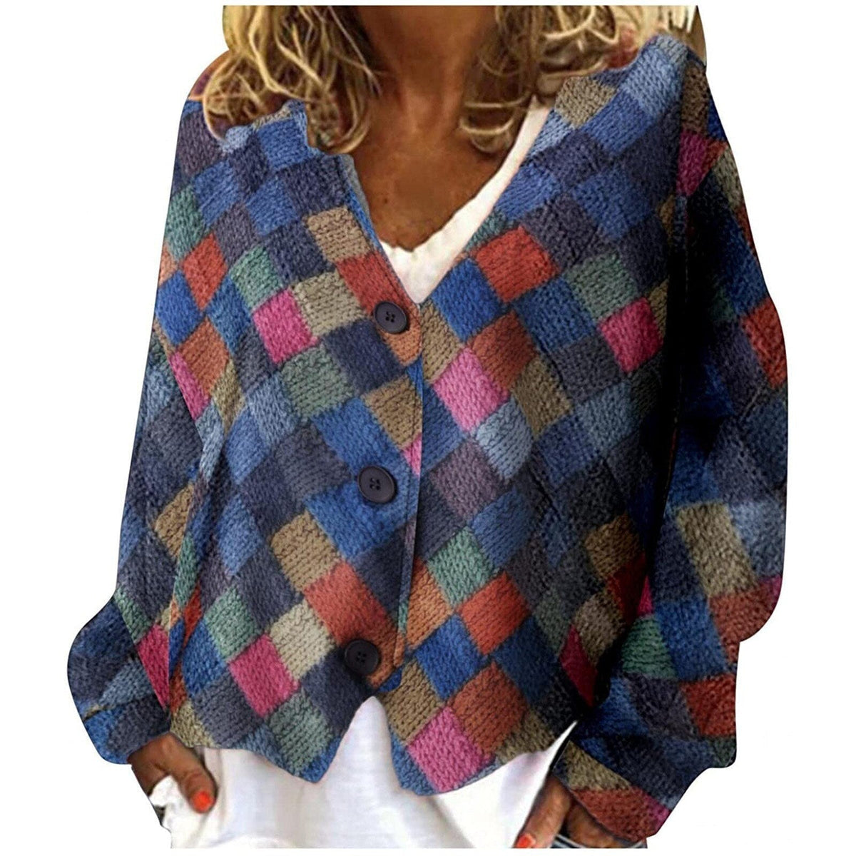 Cardigan A Quadri Da Donna Con Scollo A V E Bottoni, immagine 1