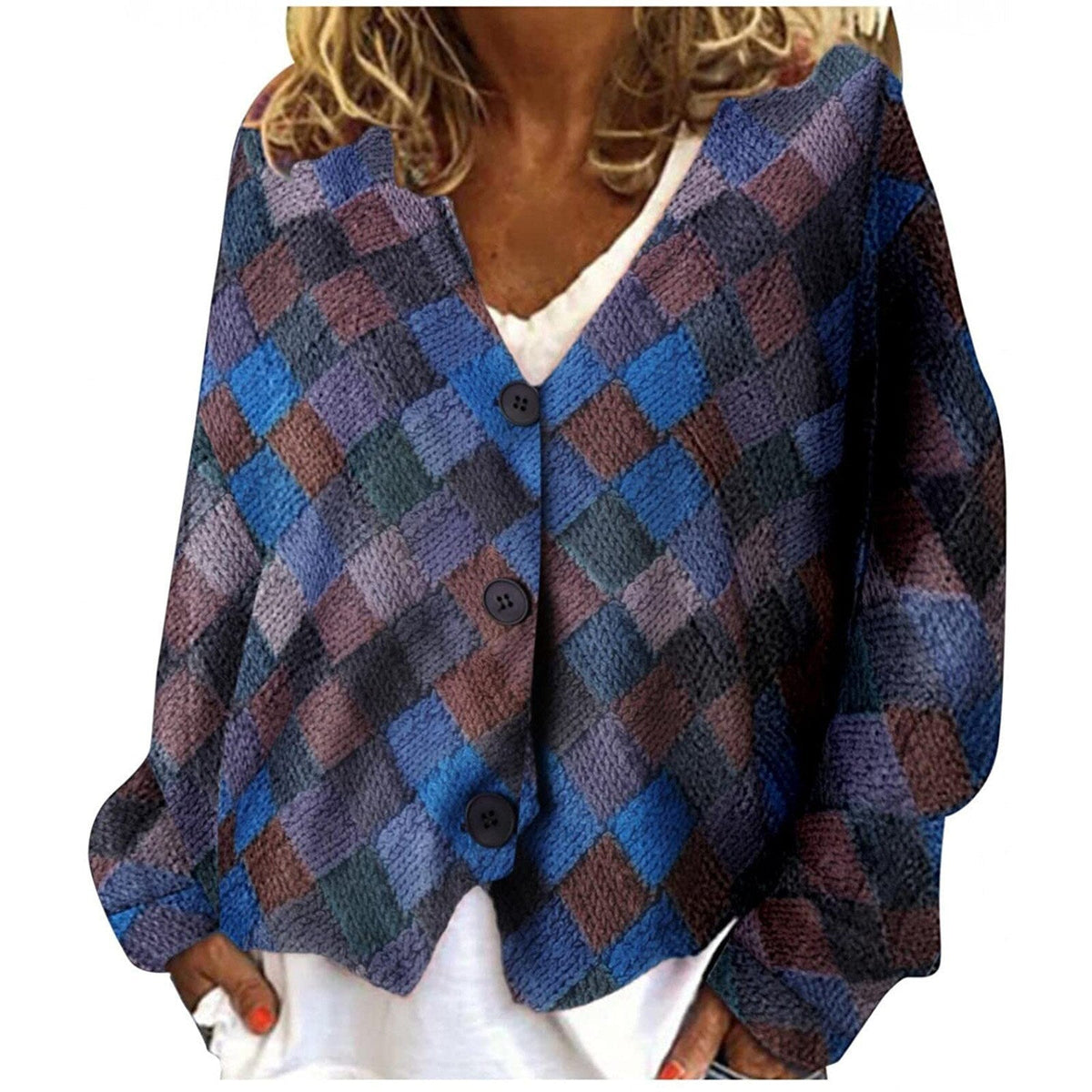 Cardigan A Quadri Da Donna Con Scollo A V E Bottoni, immagine 2