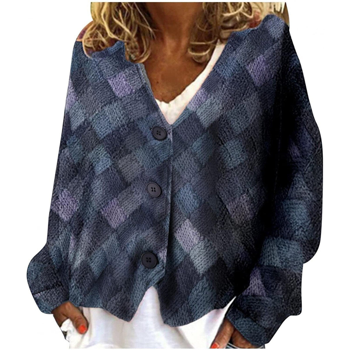 Cardigan A Quadri Da Donna Con Scollo A V E Bottoni, immagine 3