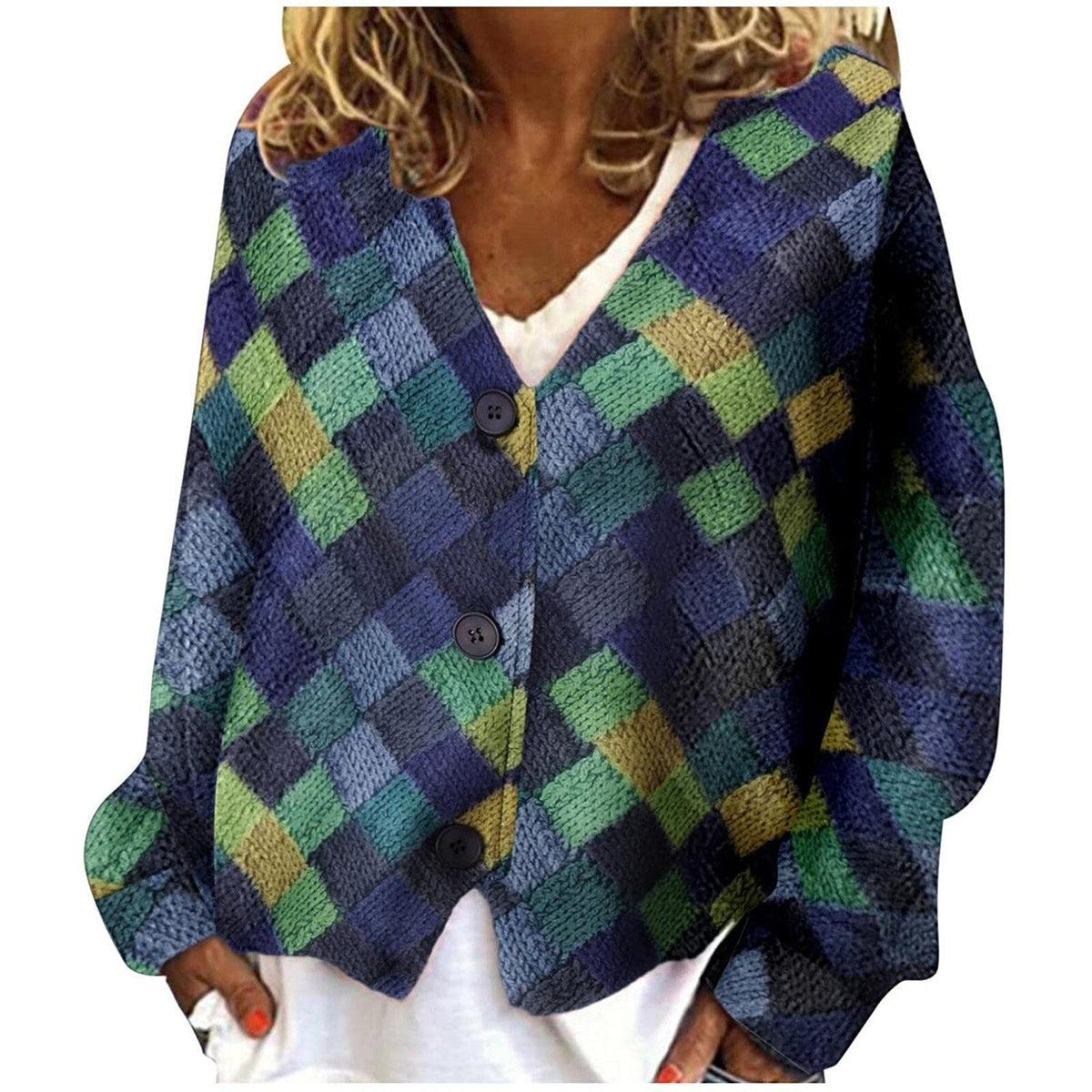 Cardigan A Quadri Da Donna Con Scollo A V E Bottoni, immagine 4