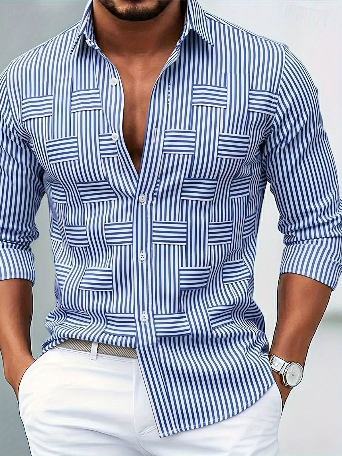 Camicia A Righe Da Uomo Slim Fit Con Maniche Lunghe, immagine 1