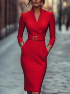 Abito Midi Aderente Da Donna Con Scollo A V E Cintura, immagine 11