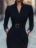 Abito Midi Aderente Da Donna Con Scollo A V E Cintura, immagine 3