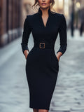 Abito Midi Aderente Da Donna Con Scollo A V E Cintura, immagine 1