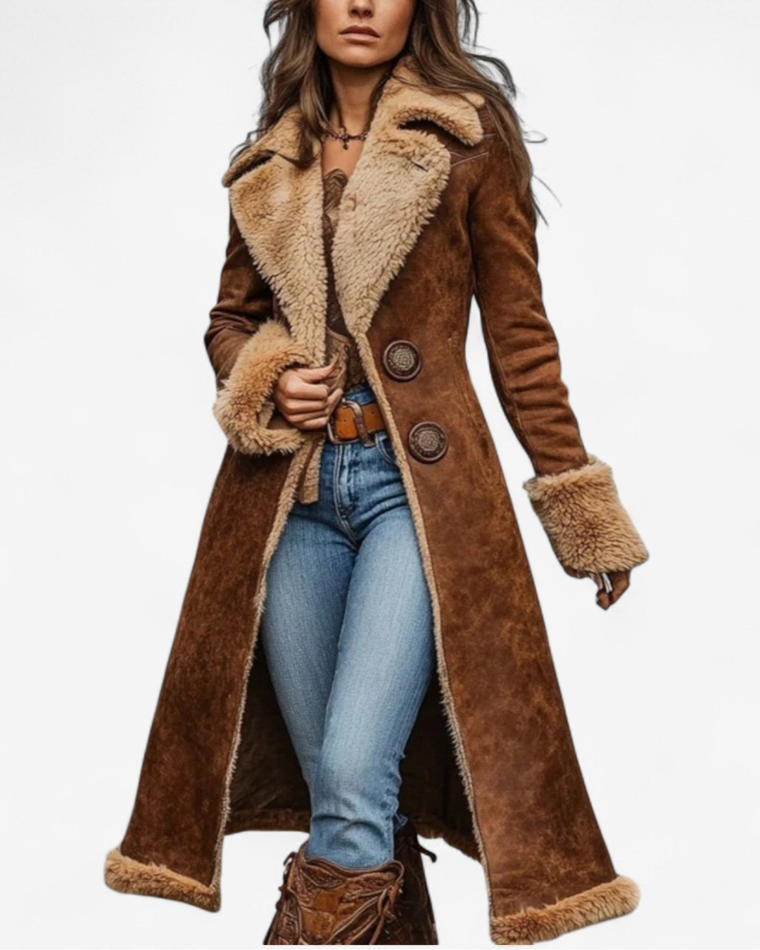 Cappotto Lungo Effetto Scamosciato Da Donna Con Fodera In Pelliccia Sintetica, immagine 1