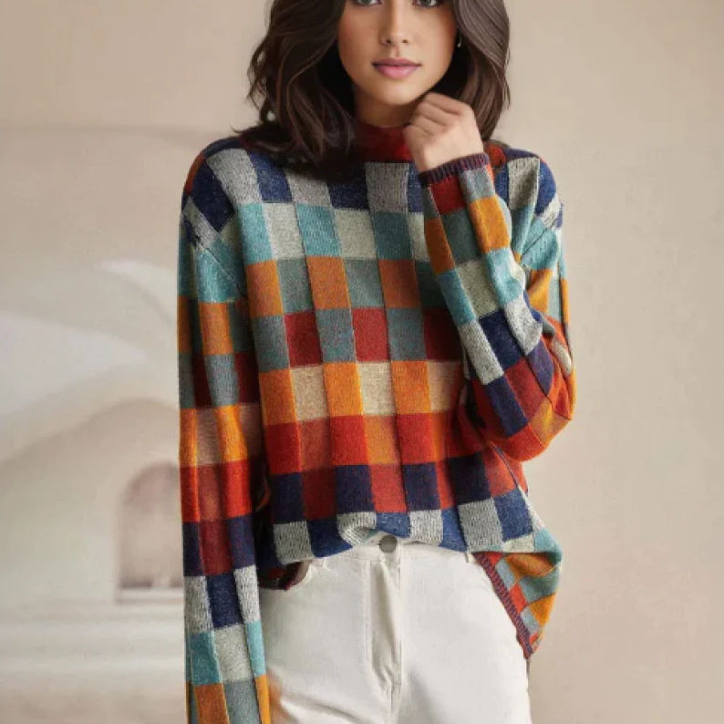 Pullover Donna | Collo Alto con Fantasia a Quadri & Comfort