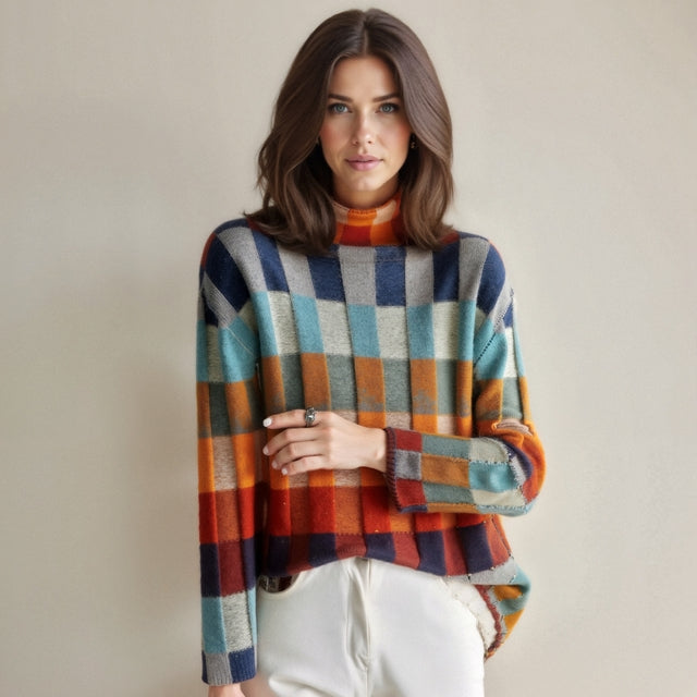 Pullover Donna | Collo Alto con Fantasia a Quadri & Comfort