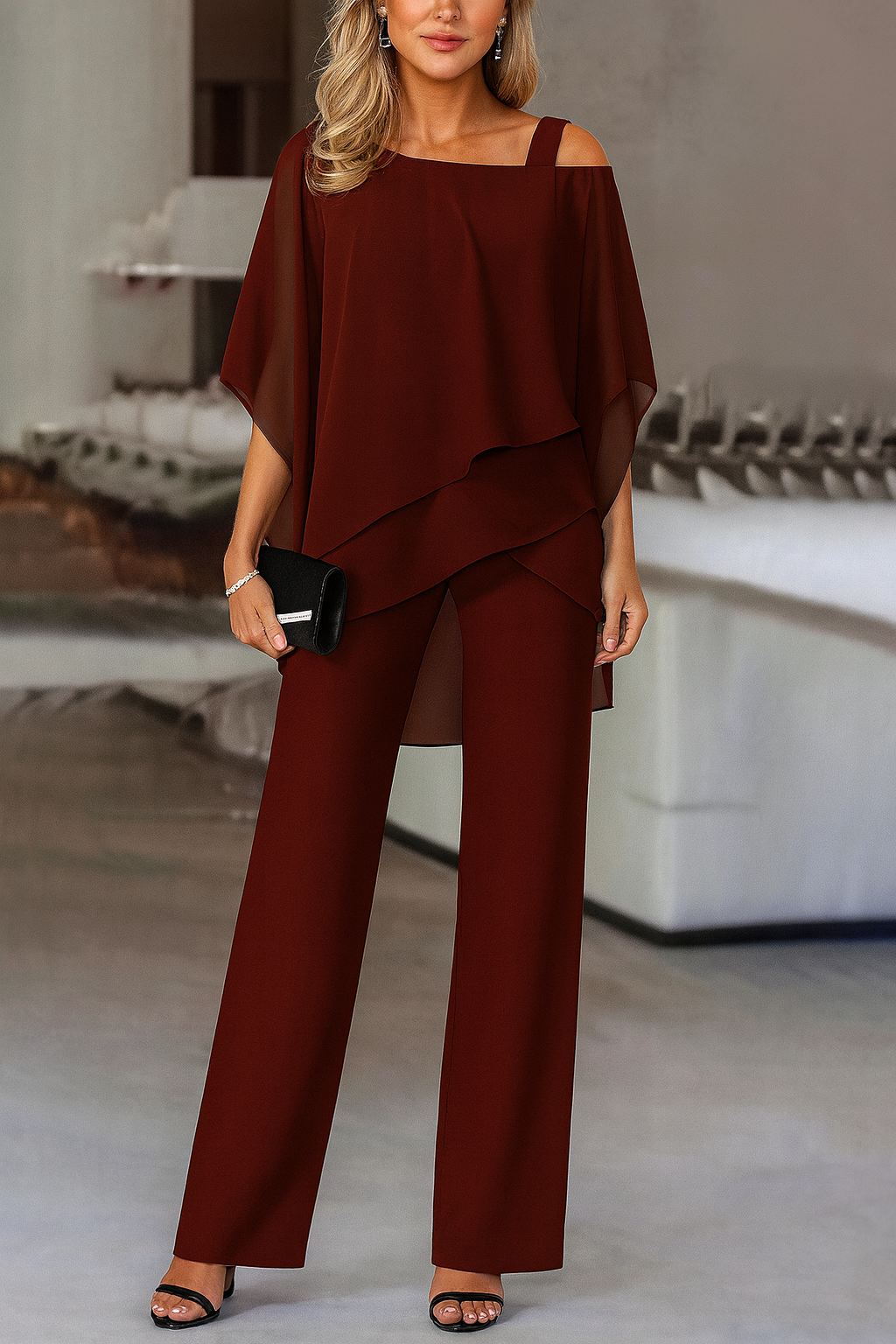 Completo Elegante Da Donna Con Blusa E Pantaloni A Gamba Larga, immagine 6